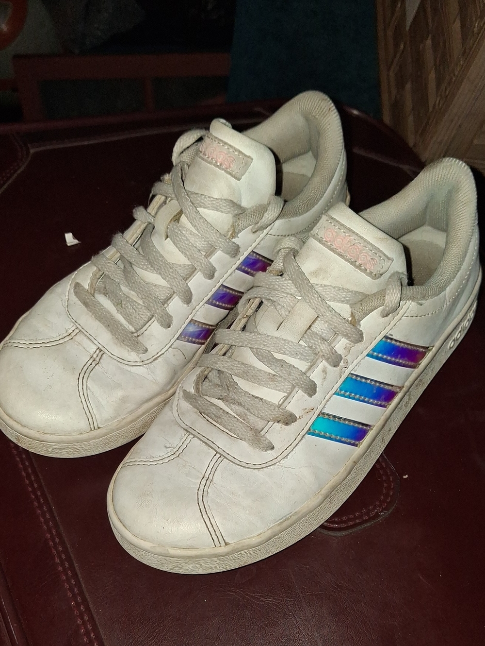 adidas White Sneakers with Iridescent Blue-Purple Stripes